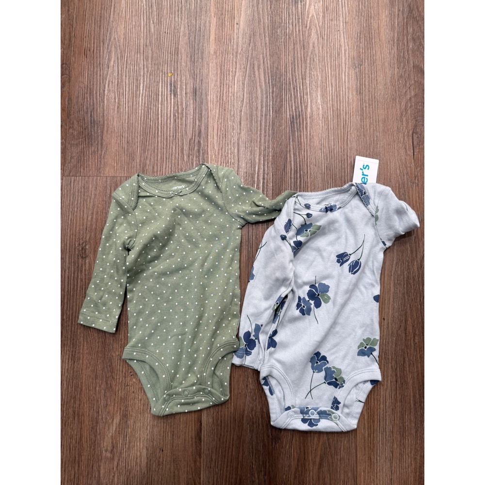 Carters Baby Girls 2PK Long Sleeve Bodysuits Green Polka Dot Blue Floral 3M NEW
